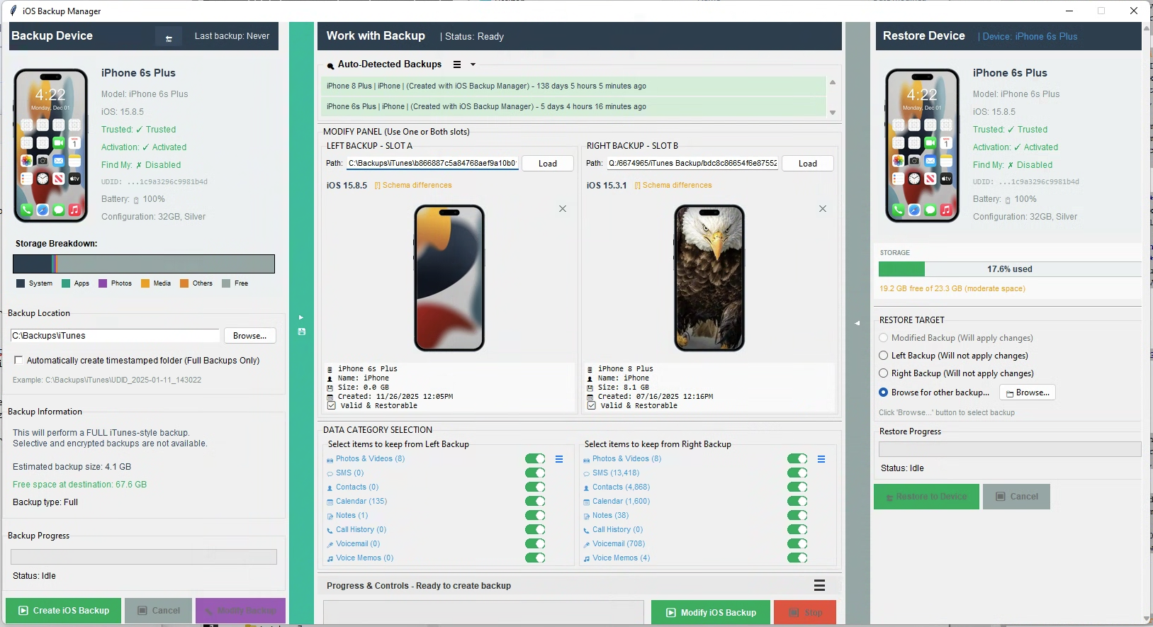 iOS Backup Manager interface showing backup and restore workflow panels
