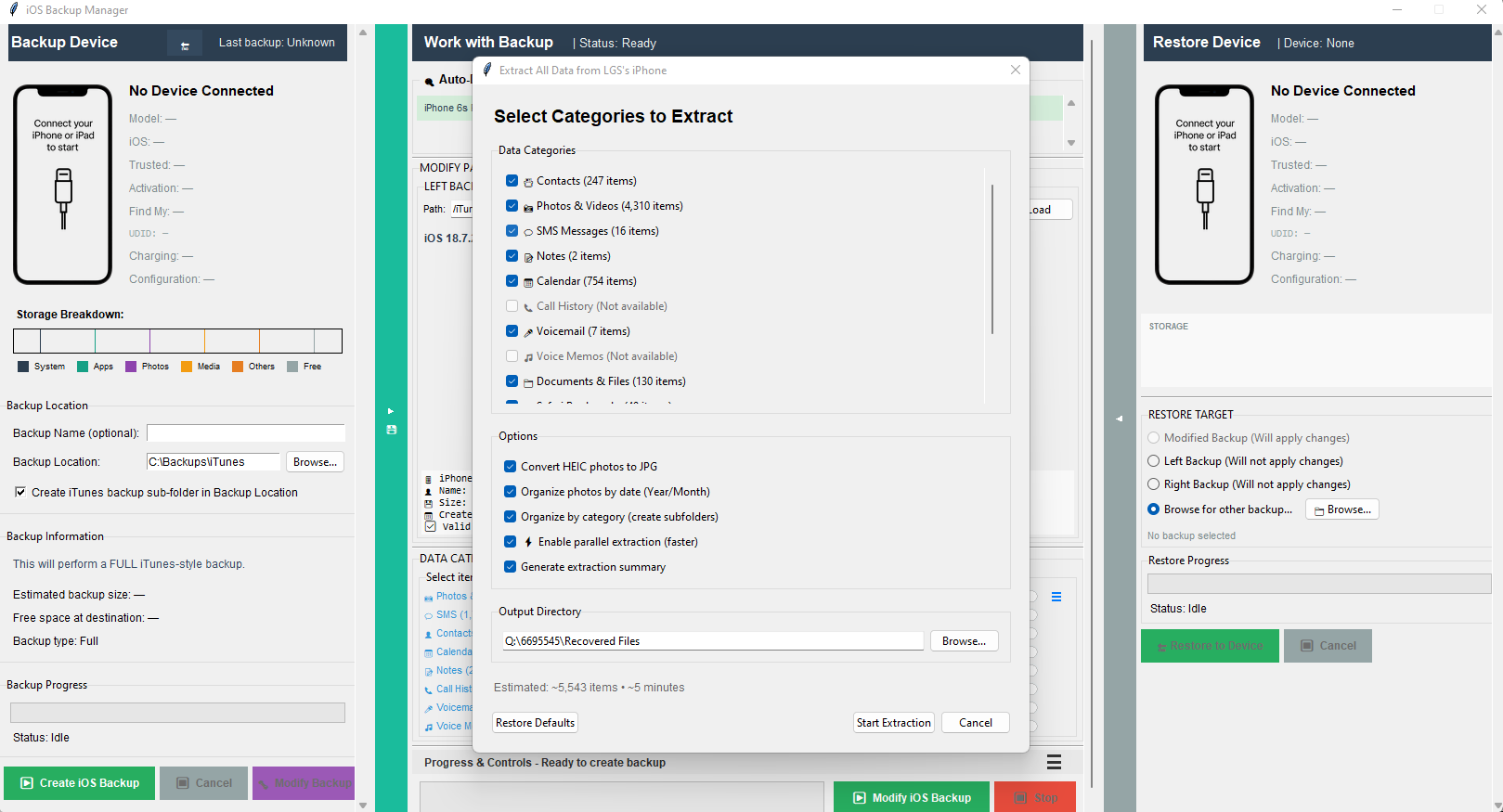 iOS Backup Manager extraction interface showing selectable data categories and options